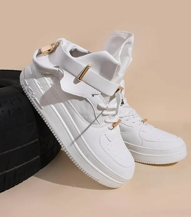 White High-Top Lace-Up Sneakers with Gold Accents